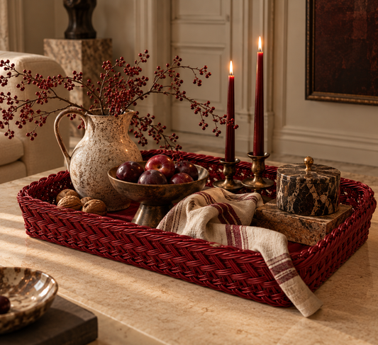 Handmade Wicker Tray Burgundy Large