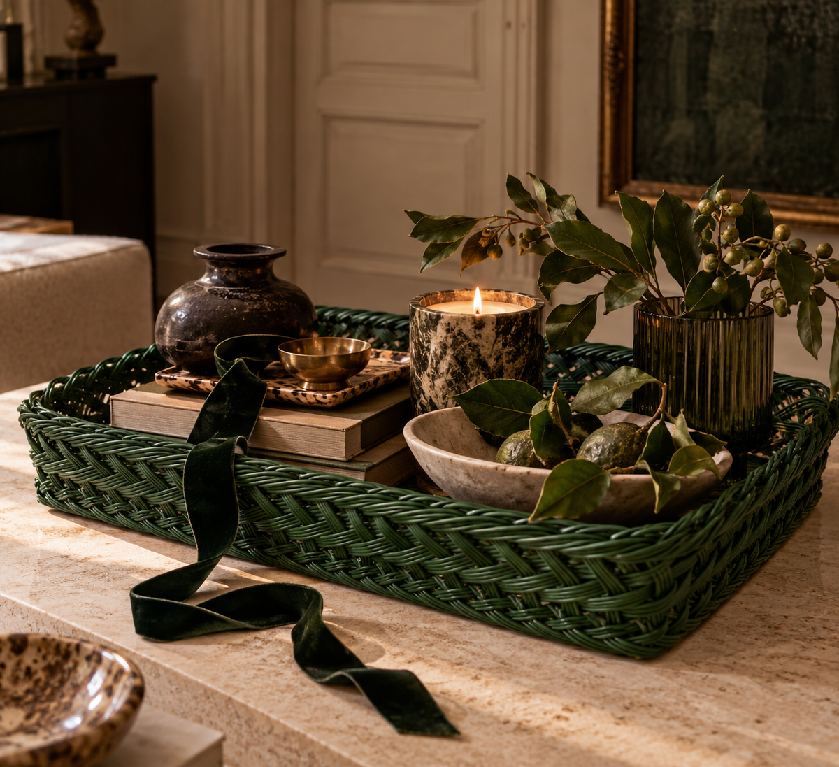 Handmade Wicker Tray Olive Green Large